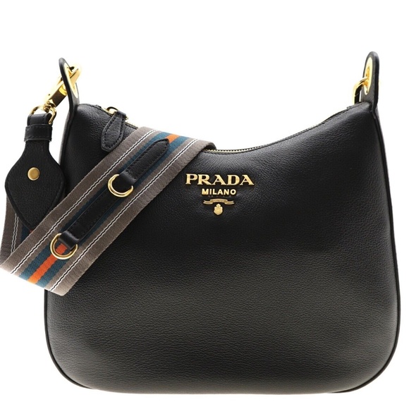 Prada Hobo Web Strap Shoulder Bag Black Leather New - Picture 1 of 5